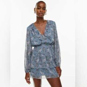 ARITZIA LITTLE MOON LIDO DRESS BOHO BLUE PAISLEY FLOUCY RUFFLES SZ MED